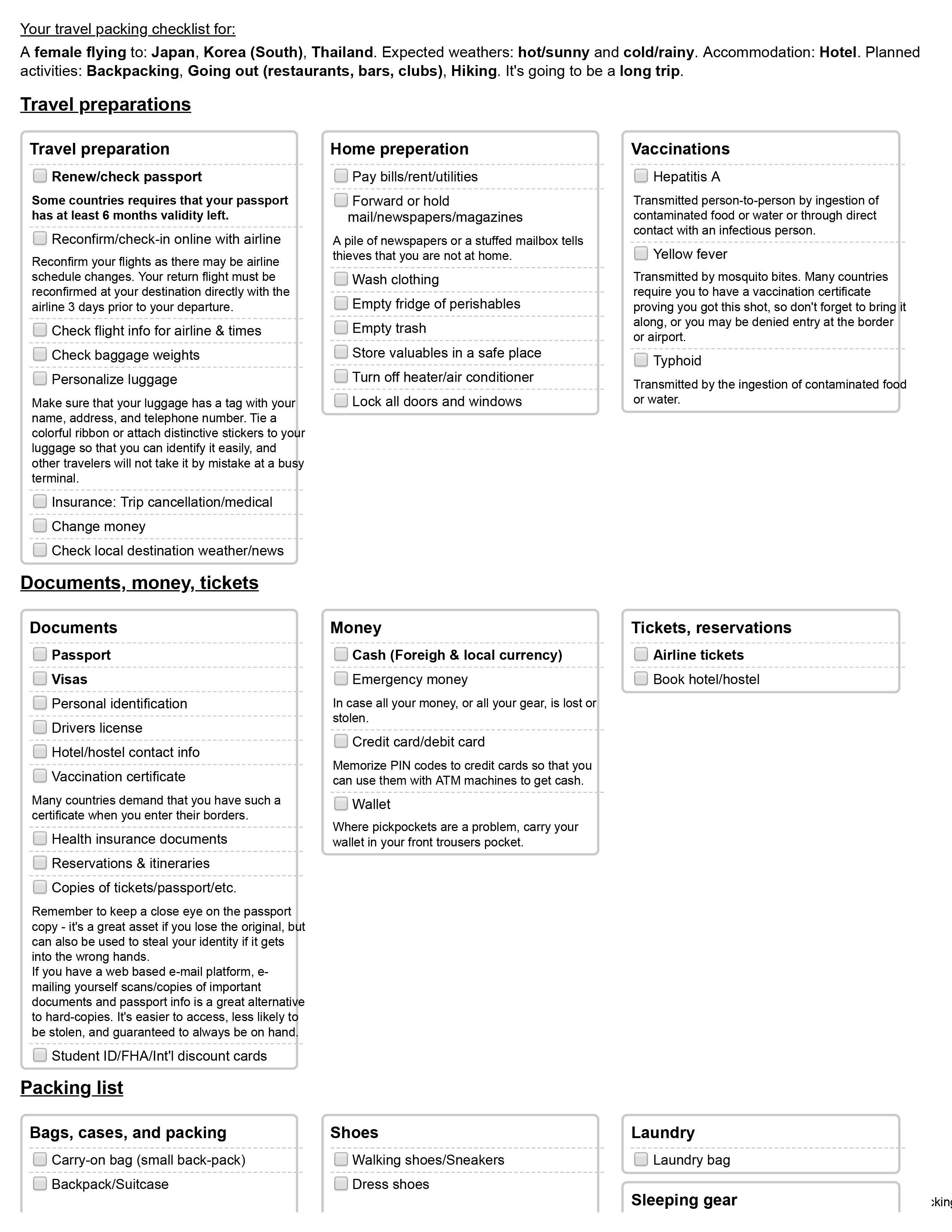 Sample checklist from Travels' Checklist