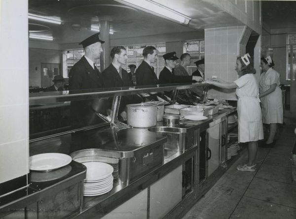 B/W print; Baker Street Canteen Training Centre by Topical Press, Aug 1949