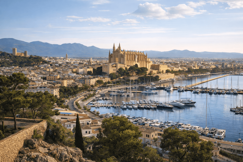Panoramic view of Palma de Mallorca cathedral and marina.