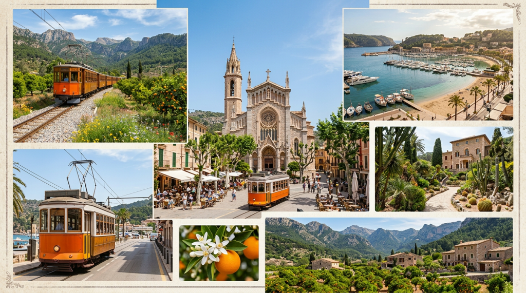 Collage of top attractions in Sóller Mallorca featuring historic trams, cathedral, harbor, gardens, and mountain landscape