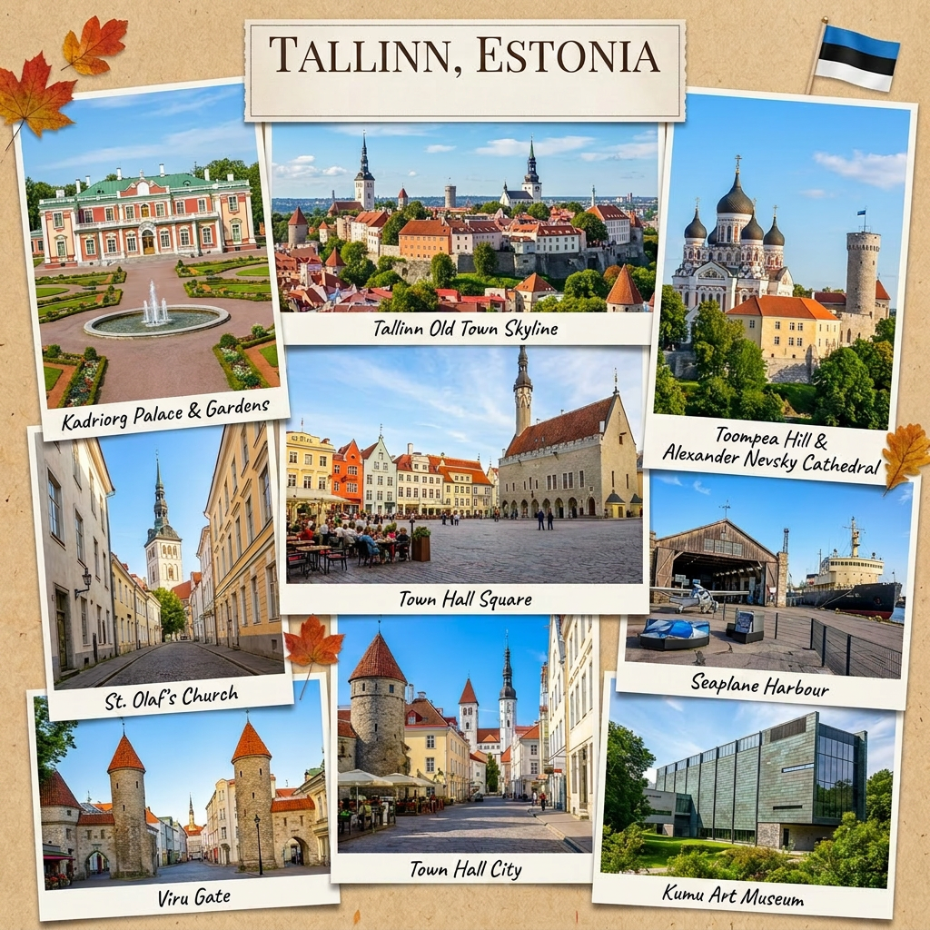 Collage of main attractions in Tallinn, Estonia including Kadriorg Palace, Old Town Skyline, Alexander Nevsky Cathedral, St. Olaf's Church, Town Hall Square, Viru Gate, Seaplane Harbour, and Kumu Art Museum.
