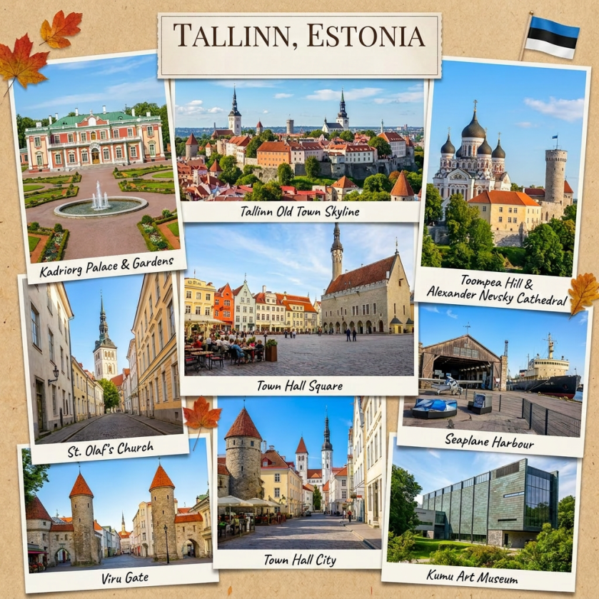 Collage of main attractions in Tallinn, Estonia including Kadriorg Palace, Old Town Skyline, Alexander Nevsky Cathedral, St. Olaf's Church, Town Hall Square, Viru Gate, Seaplane Harbour, and Kumu Art Museum.