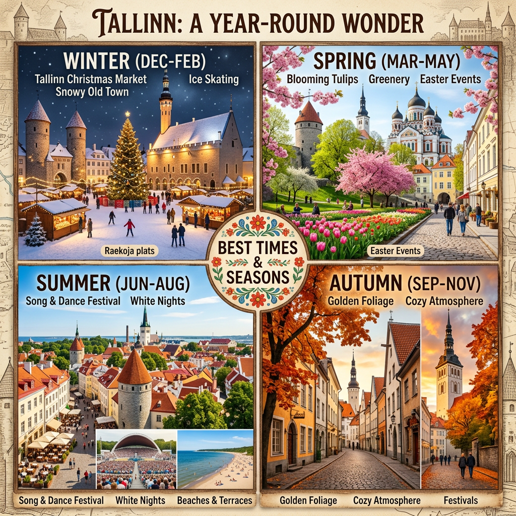 Collage showing Tallinn’s winter Christmas market, spring blooming tulips, summer city view and beach, autumn golden foliage and cozy streets