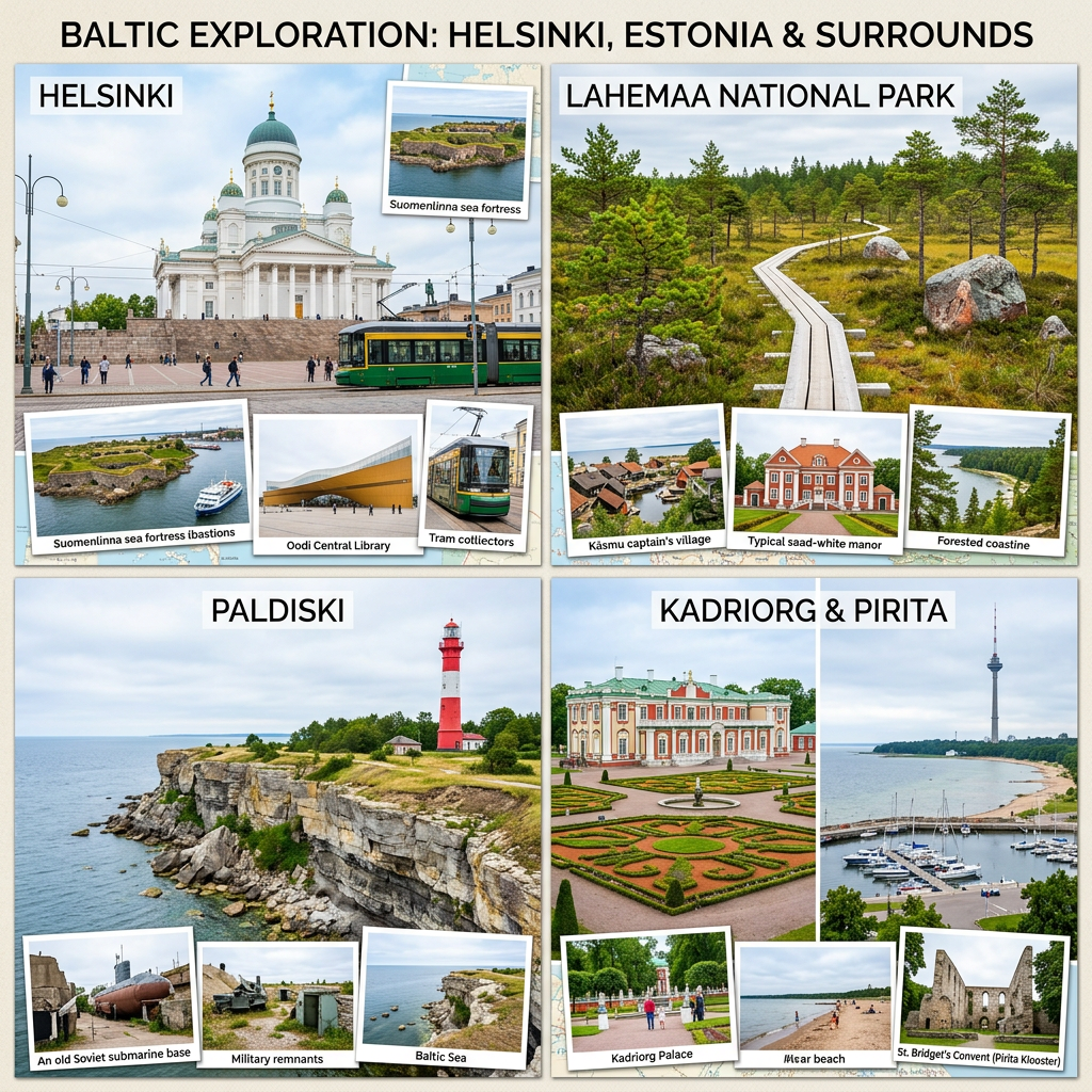Collage of landmarks and nature scenes from Baltic region including Helsinki cathedral, Lahemaa forest path, Paldiski lighthouse, Kadriorg palace and beach.
