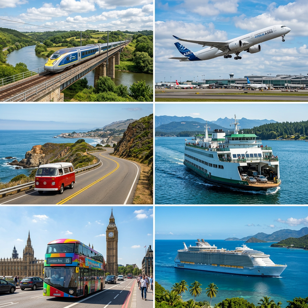 High-speed train on bridge, airplane taking off, red van on coastal road, ferry with cars, London double-decker bus near Big Ben, cruise ship near tropical island