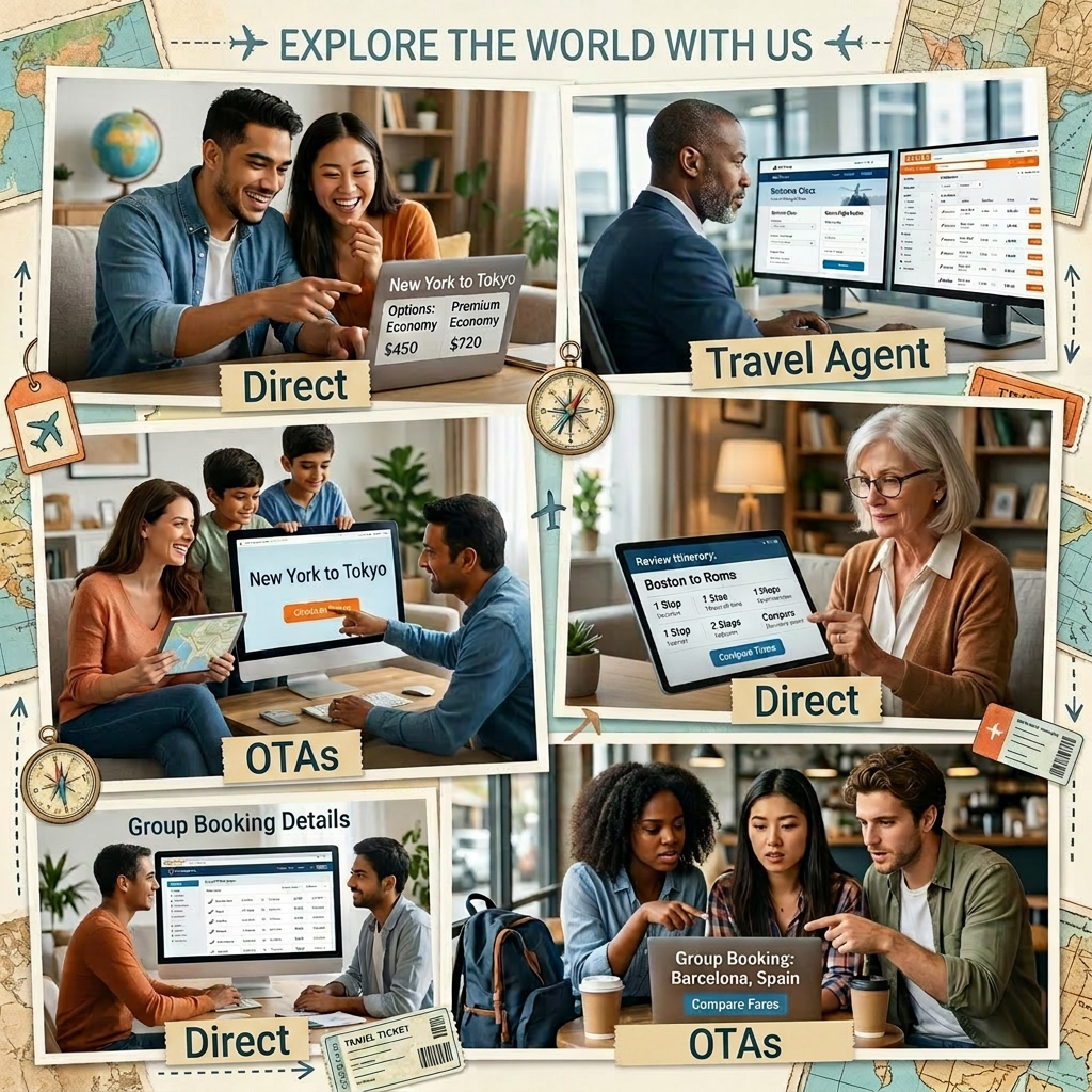 Collage showing couples, business travelers, families, adventurers, and groups booking flights online.