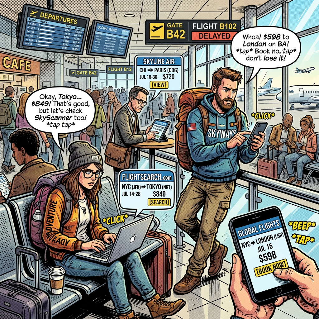 Travelers checking flight prices on phones, laptops, and tablets at an airport terminal