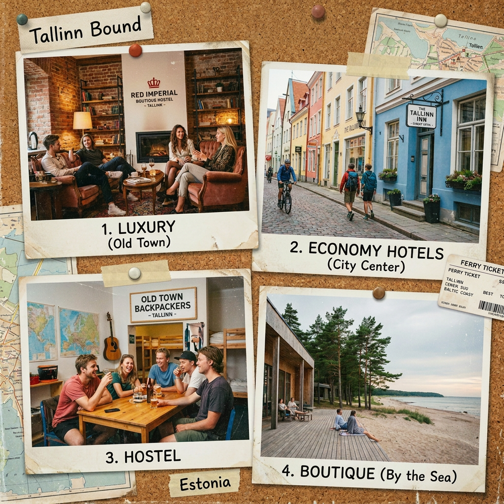 Collage of four Tallinn accommodation types: luxury boutique hostel, budget hotels in city center, backpacker hostel, and seaside resorts.