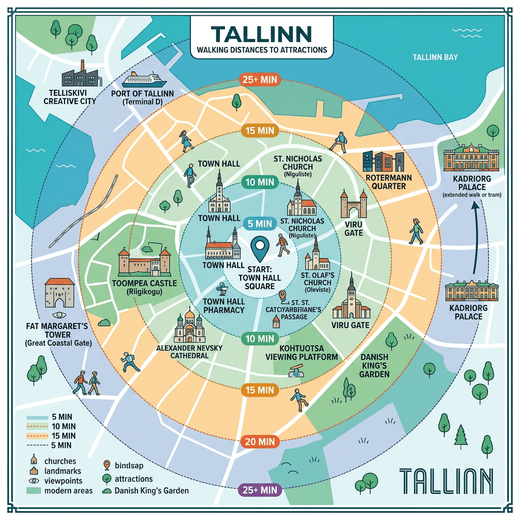 Map of Tallinn with concentric circles indicating walking distances from Town Hall Square to landmarks and attractions.
