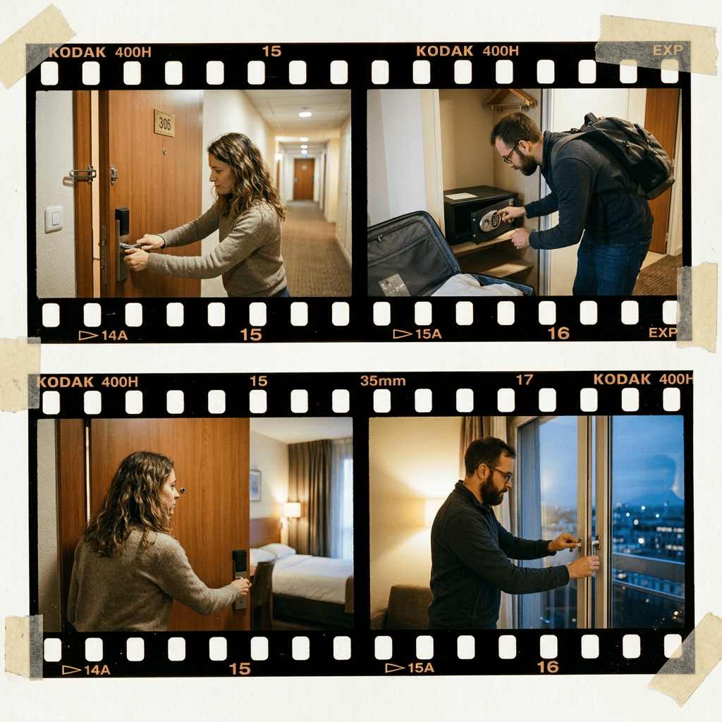 Hotel guests checking room security features including deadbolt, safe, peephole, and window lock