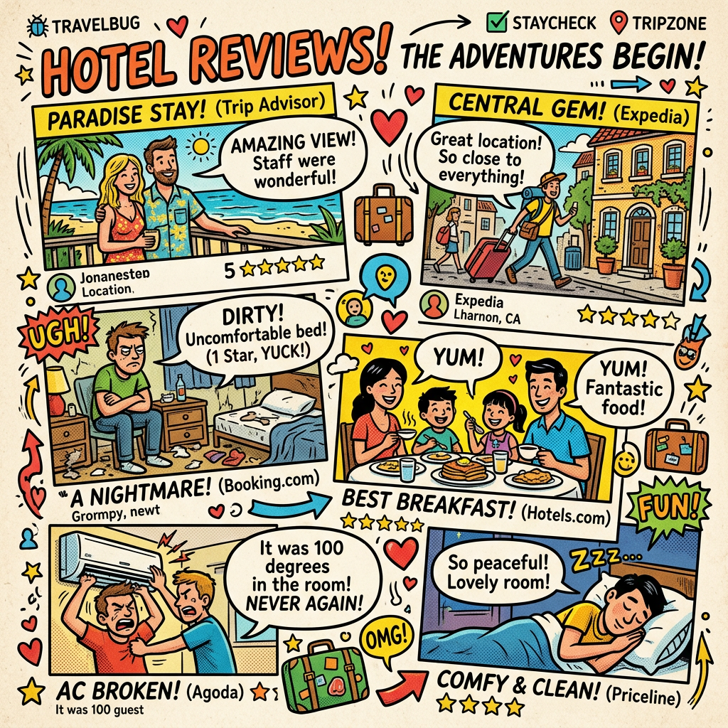 Comic-style collage of six different hotel reviews depicting positive and negative guest experiences with star ratings and comments.