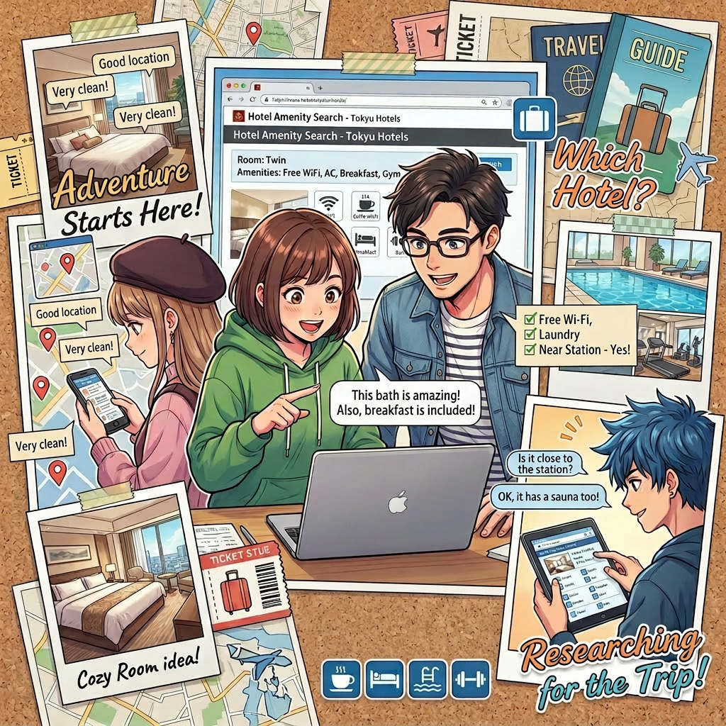 Three young people searching for hotels online with photos, maps, and lists of amenities like free Wi-Fi and gym