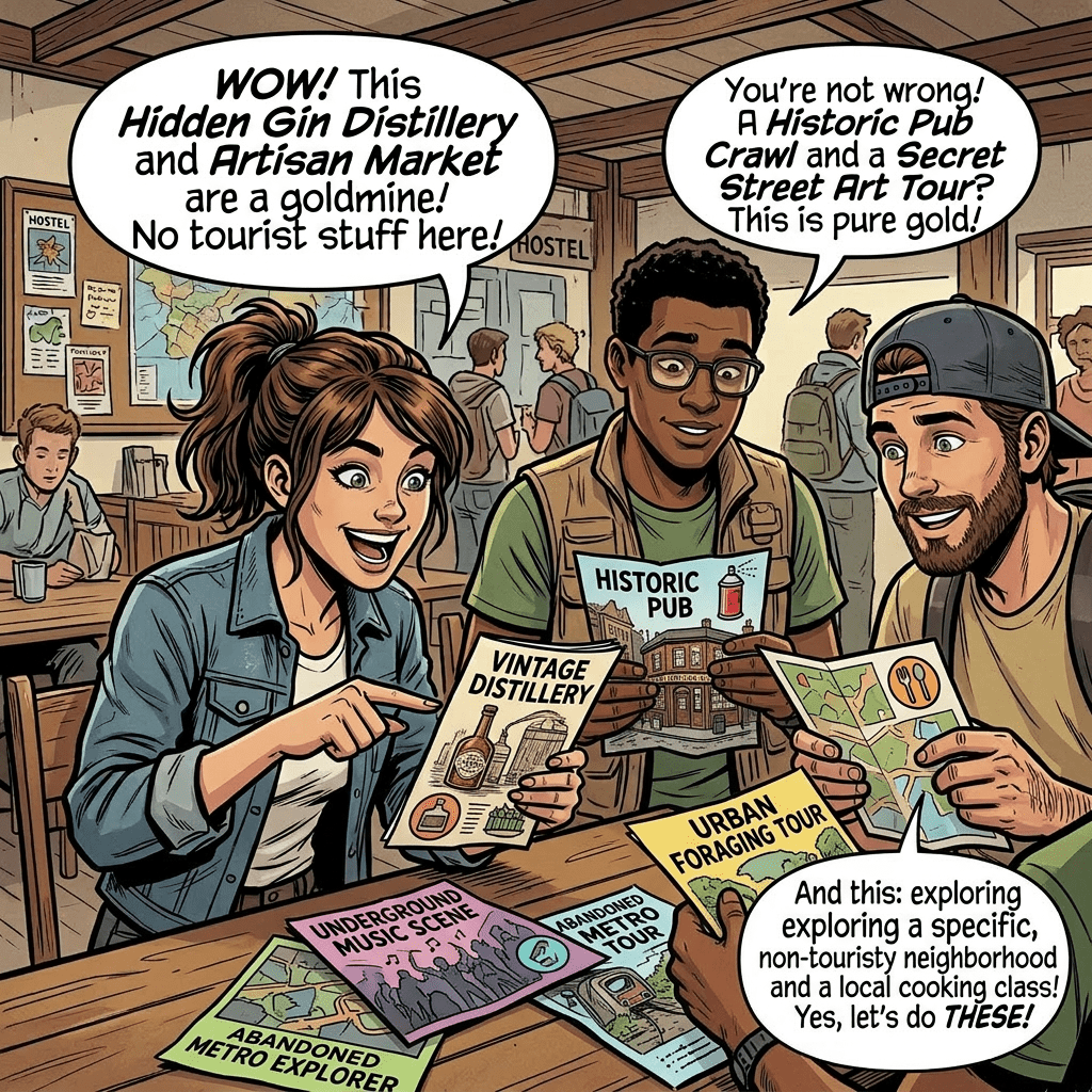 Three travelers examining generic tourist lists and discussing their lack of personality