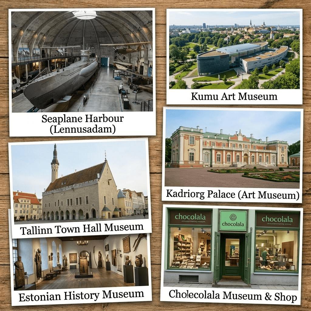 Collage of six images showing Seaplane Harbour submarine, Kumu Art Museum building, Tallinn Town Hall Museum, Kadriorg Palace Art Museum, Estonian History Museum interiors, and Chocolala Museum & Shop storefront