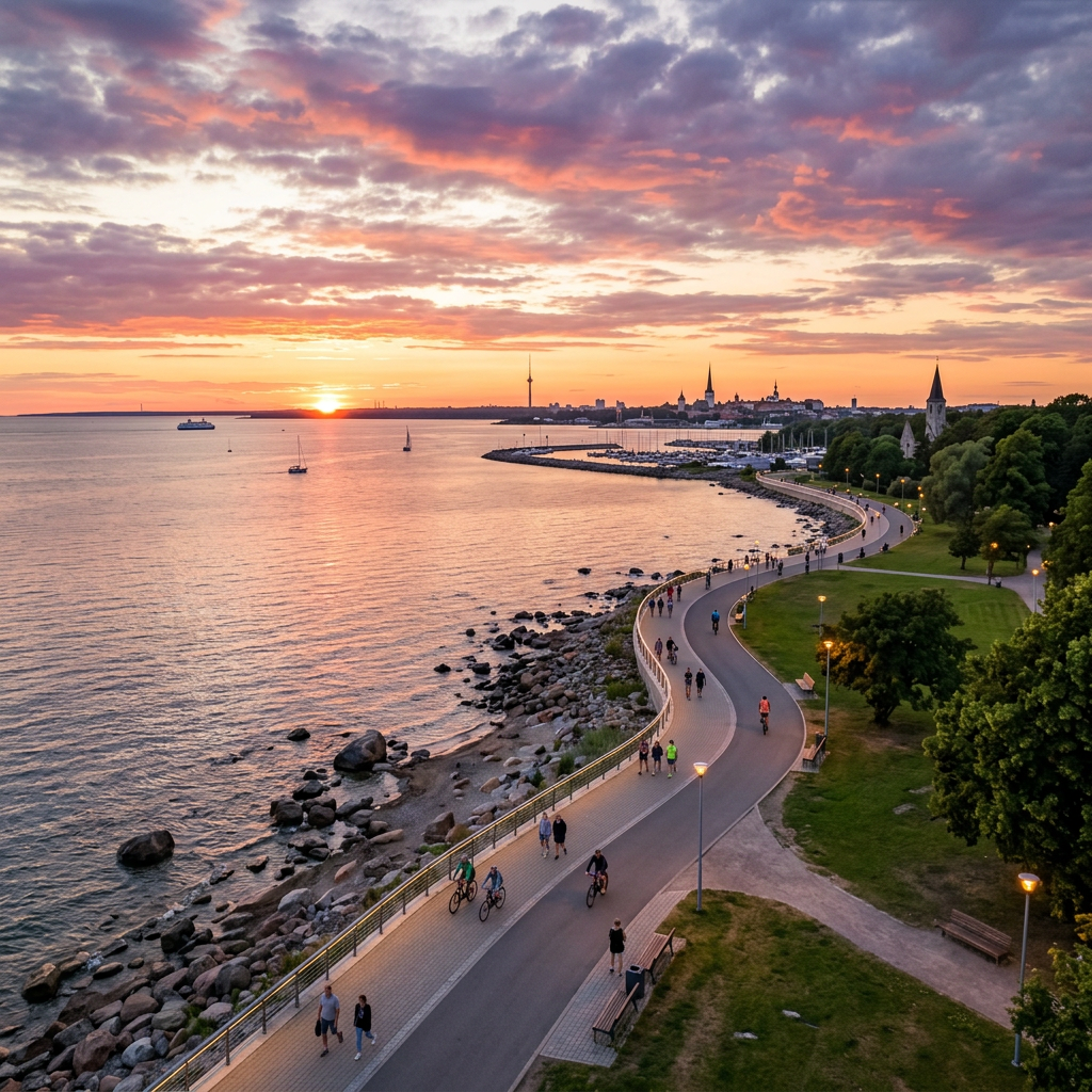 Curved seaside walking and biking path with people and sunset over calm water