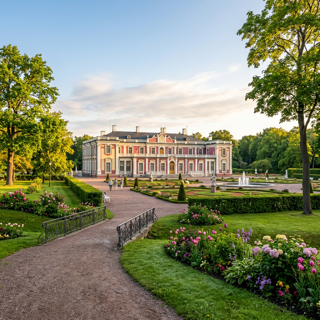 Large historic palace with a symmetrical garden and flower beds in front