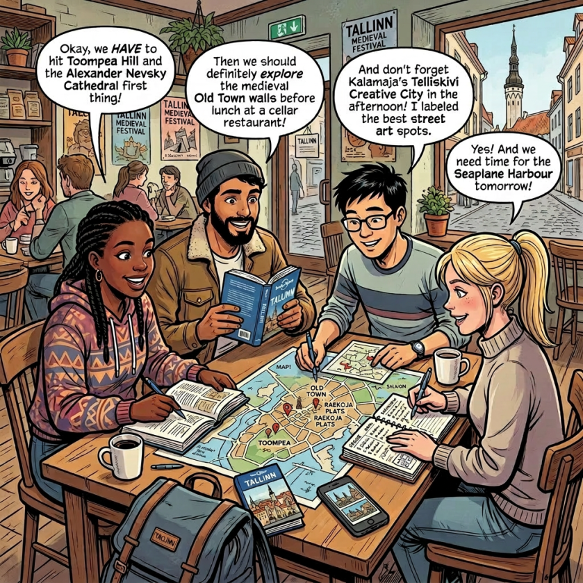 Four friends planning a trip to Tallinn using maps, guidebooks, and notes in a cafe.