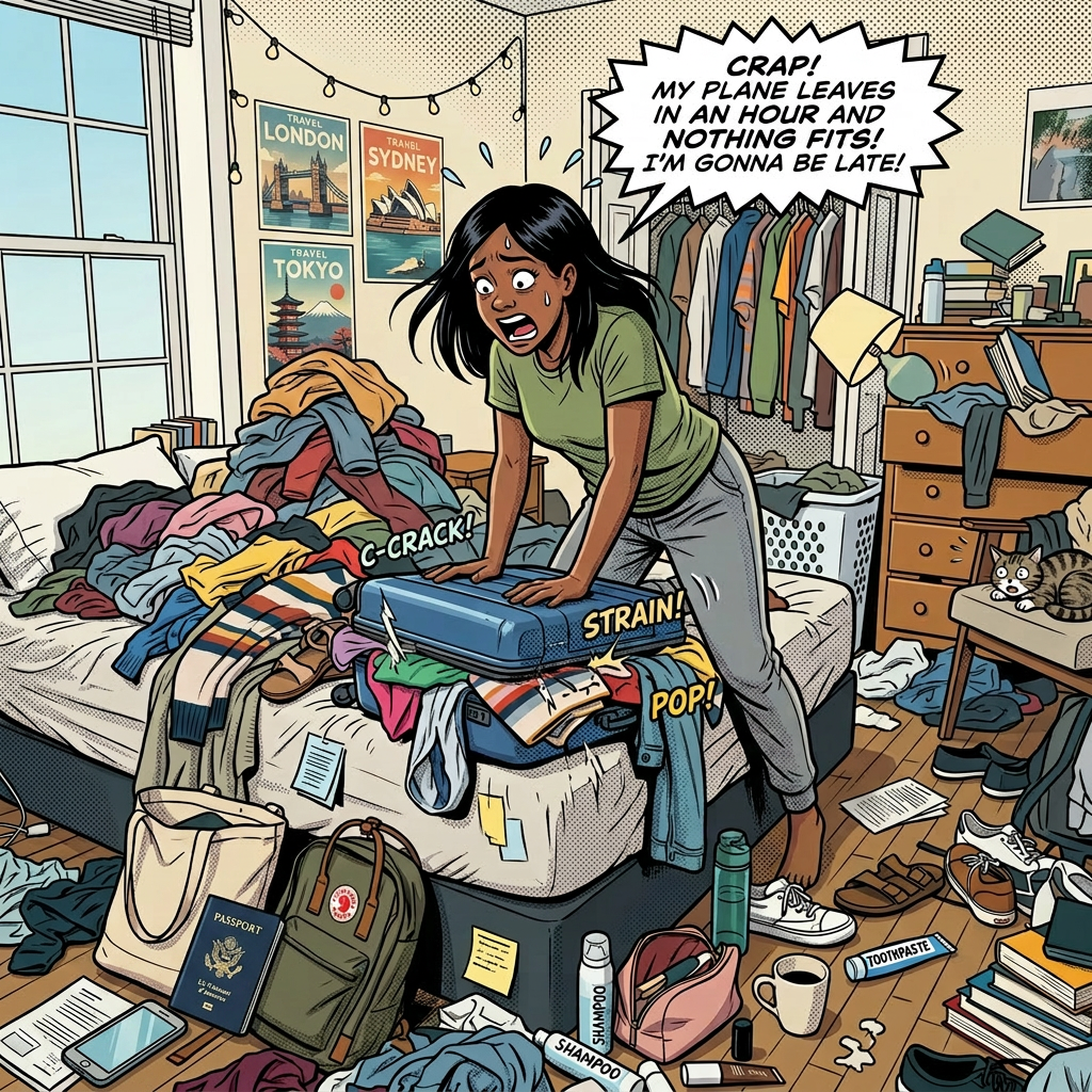 Woman struggling to close a fully packed suitcase in a cluttered bedroom