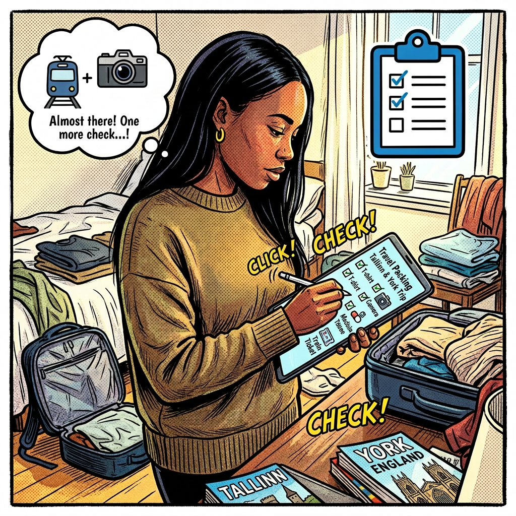 Woman holding tablet ticking off travel packing checklist with suitcase and travel books visible