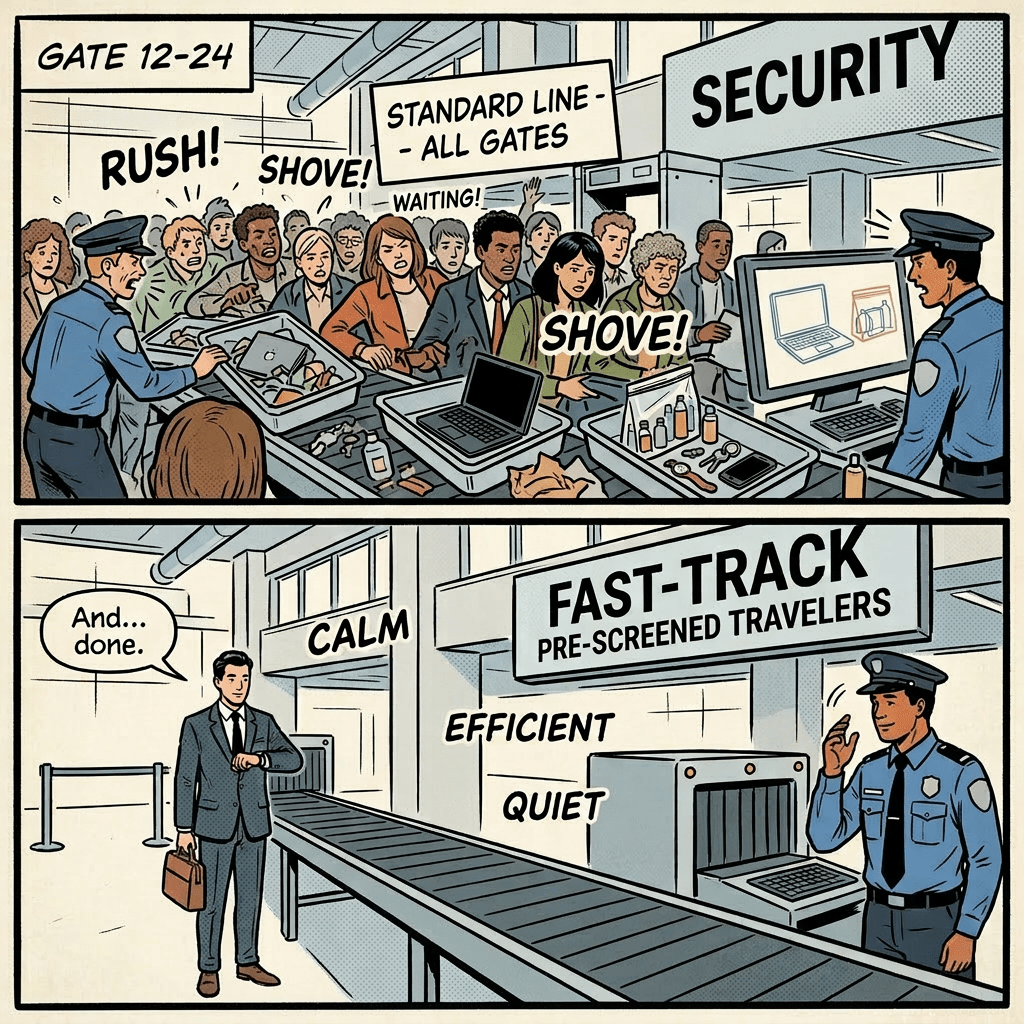 Airport security checkpoint with passengers placing trays of laptops and personal items on conveyor belt for screening