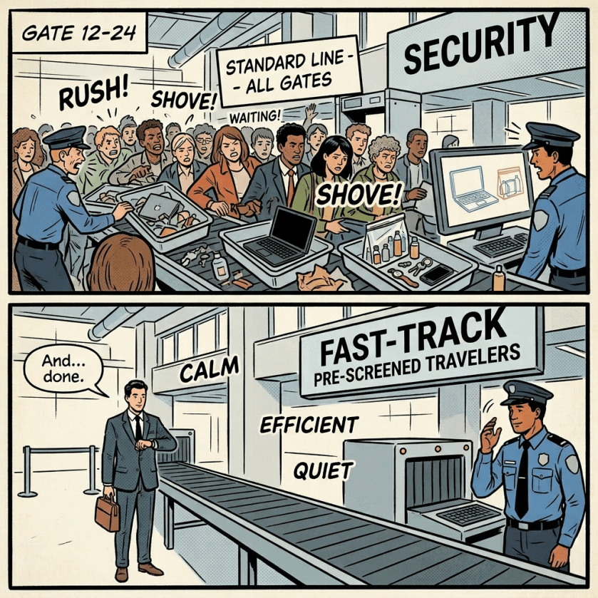 Airport security checkpoint with passengers placing trays of laptops and personal items on conveyor belt for screening