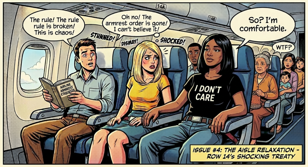 Woman and man arguing over middle seat armrest on airplane