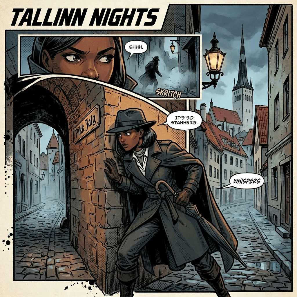 Cloaked person holding a dagger hides behind a stone wall in Tallinn's old town at night