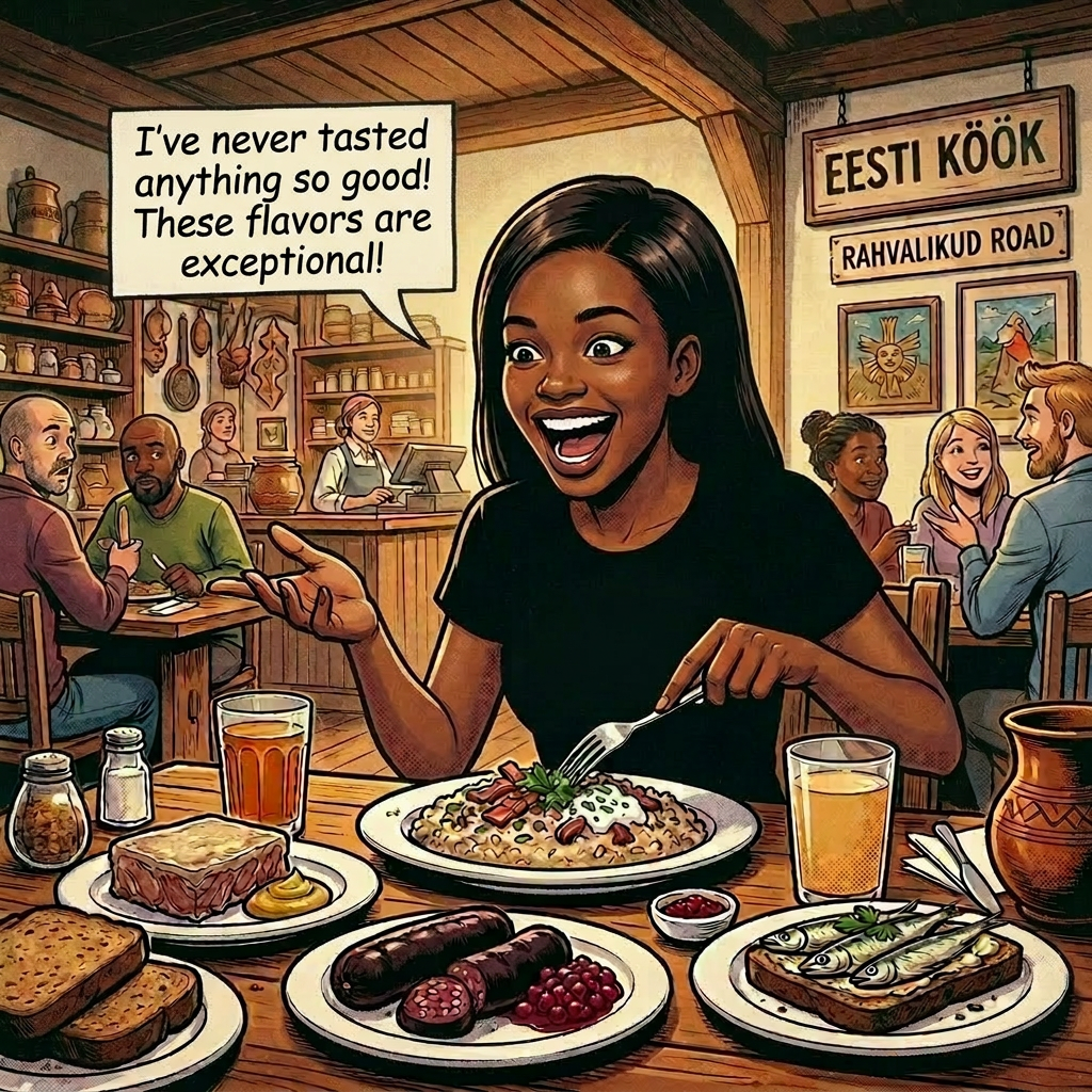 Woman excitedly eating traditional Estonian meal Mulgipuder in a busy rustic restaurant