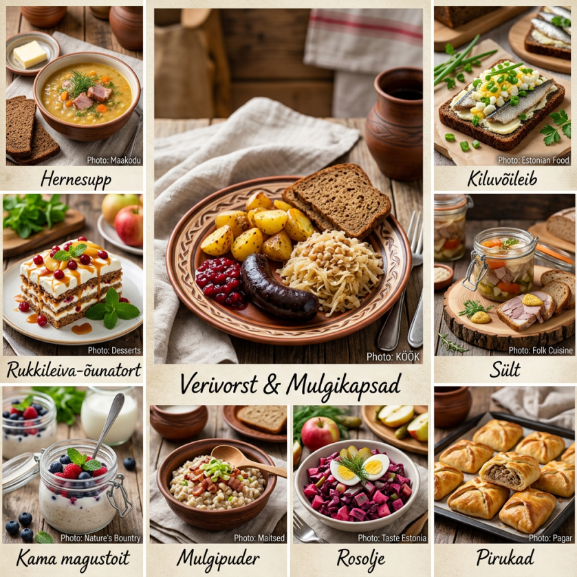 Various traditional Estonian dishes including Verivorst & Mulgikapsad, Kiluvõileib, Siilt, Rukkileiva-õunatort, Kama magustoit, Mulgipuder, Rosolje, and Pirukad