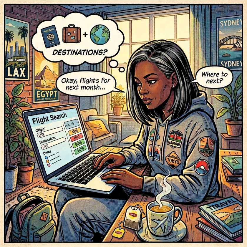 Woman searching flights on laptop in a cozy room with travel posters and a steaming cup of tea in her mug