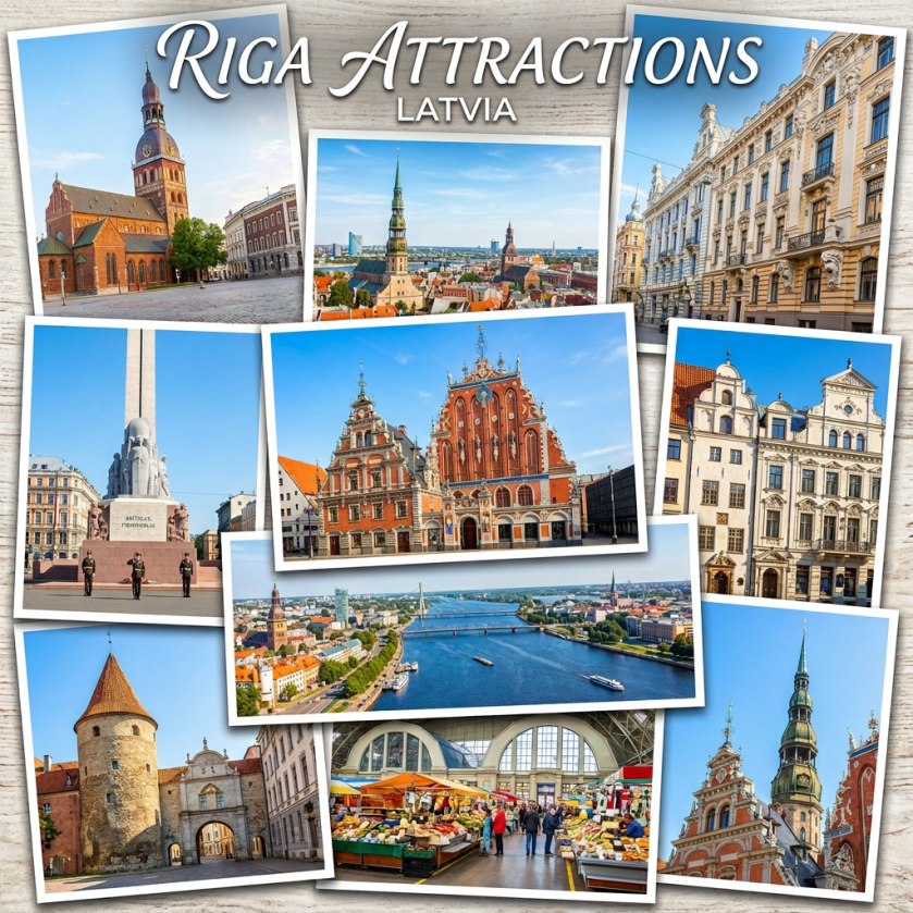 Collage of Riga, Latvia landmarks including churches, buildings, river, monument, and market